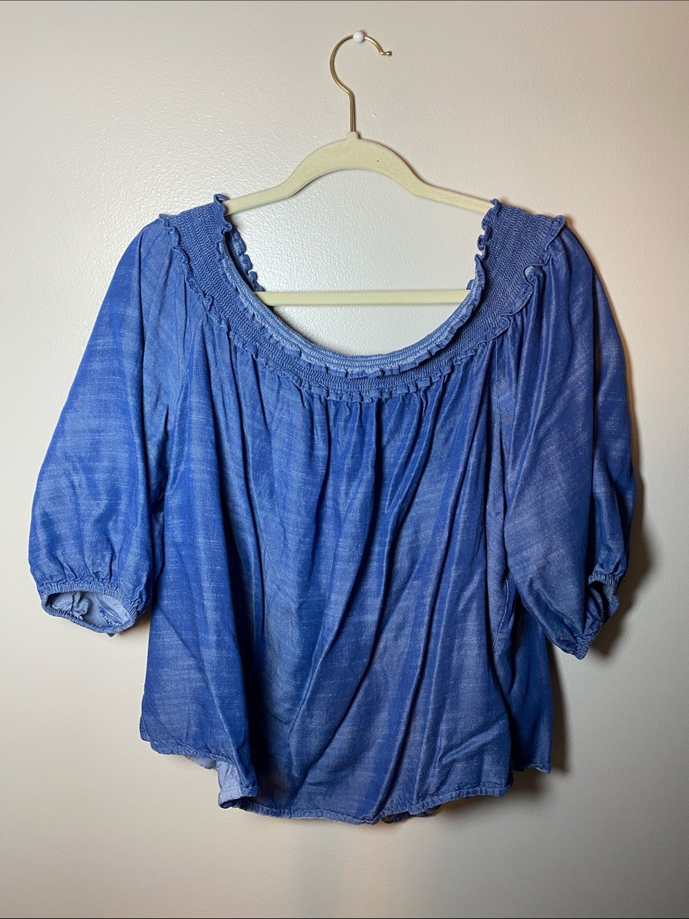 Lane Bryant Indigo Smocked Scoop-Neck Blouse Off Shoulder Chambray
